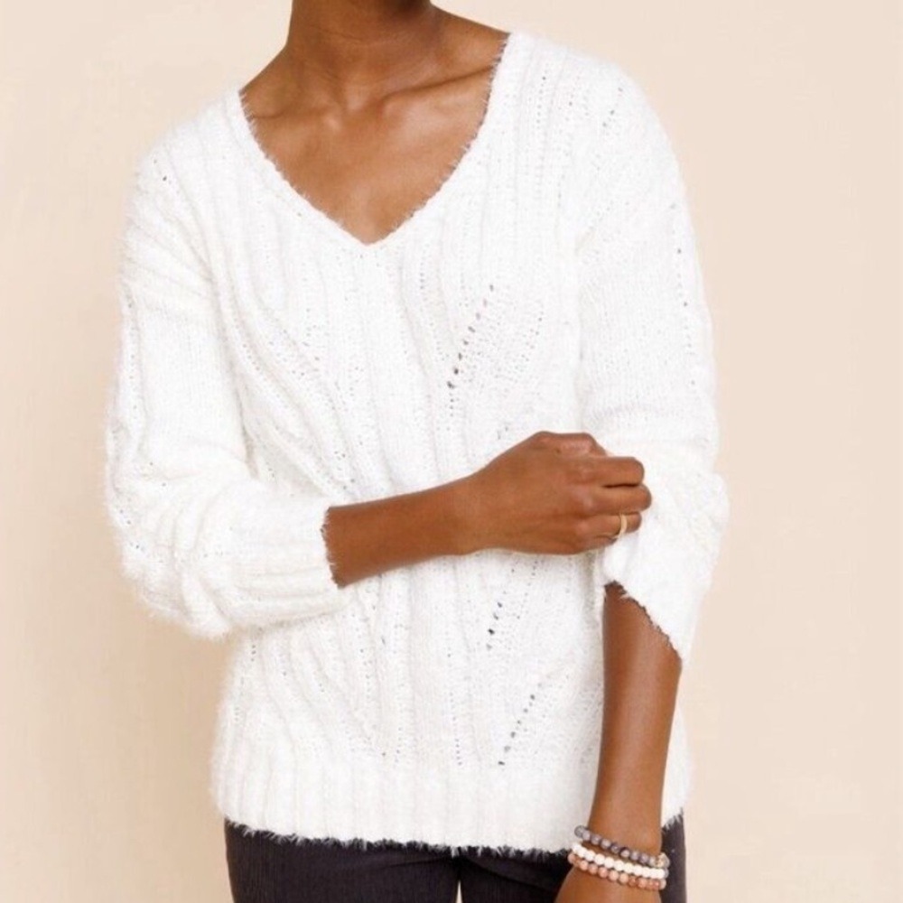 CUPCAKE Ivory Long Sleeve V-Neck Cable Chunky Cable Knit‎ Sweater XL Boho Chic